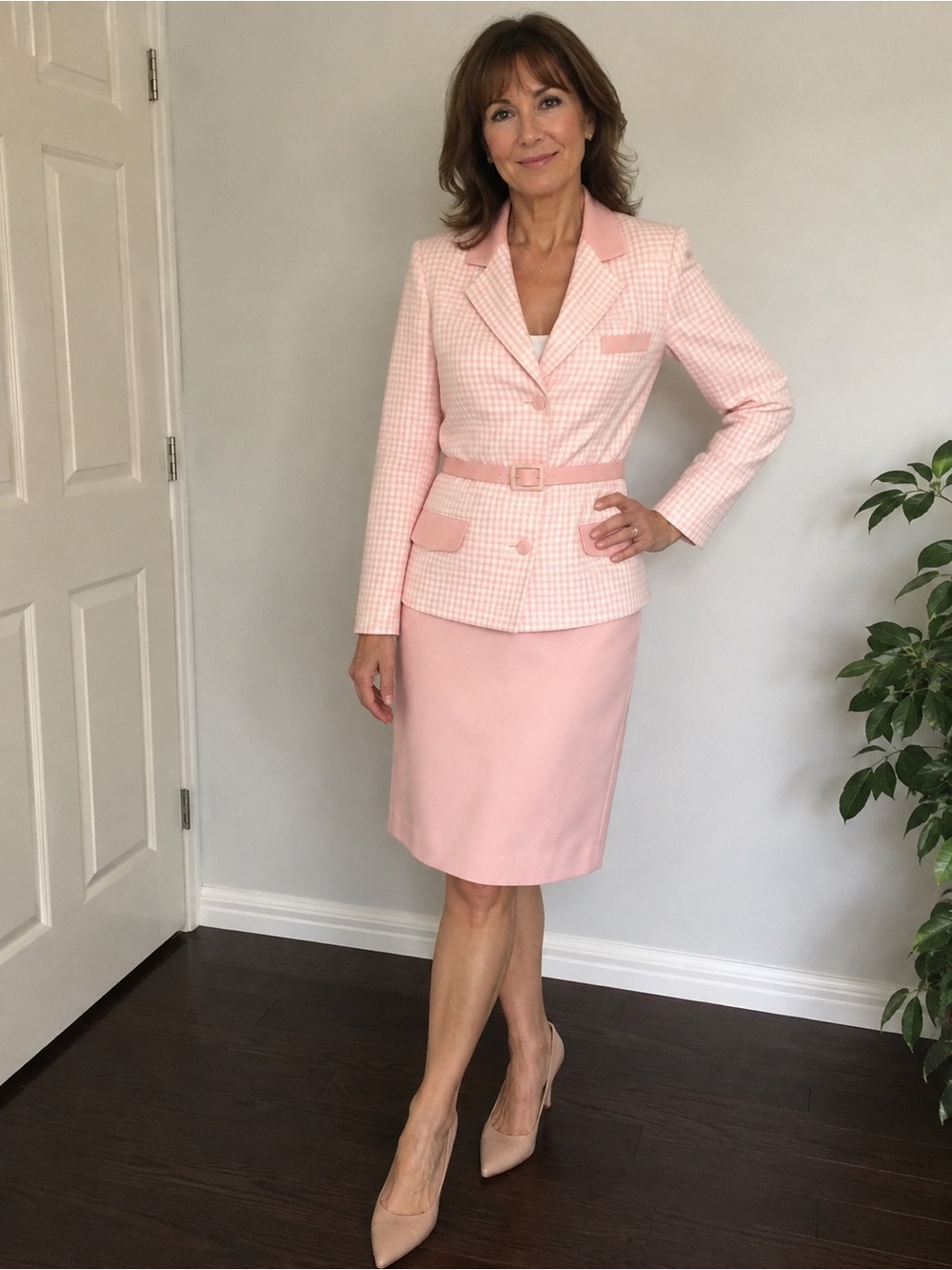 Vintage Création Motys Paris Pink Gingham Skirt Suit Made in France Size 44